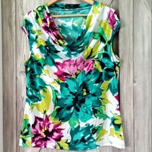 Anne Klein Green Fuschia Floral Cowl Neck Top XL